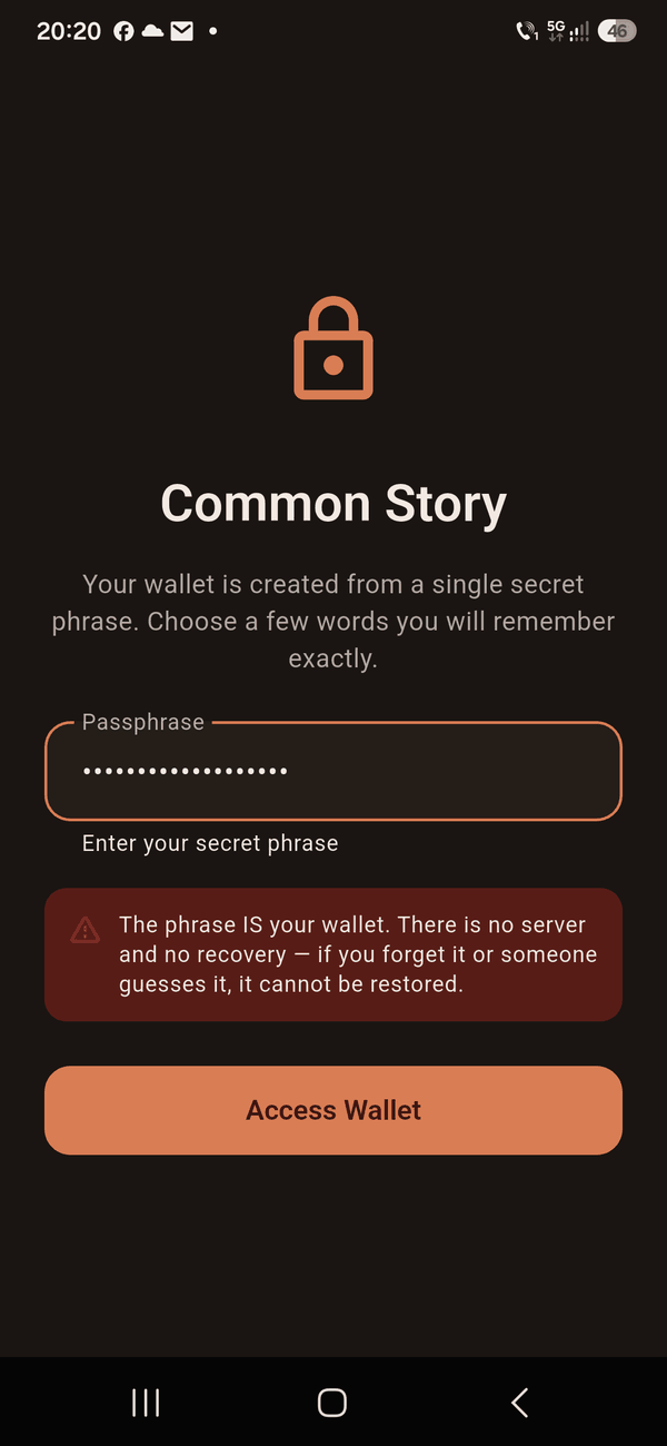 The opening screen, asking for a secret phrase