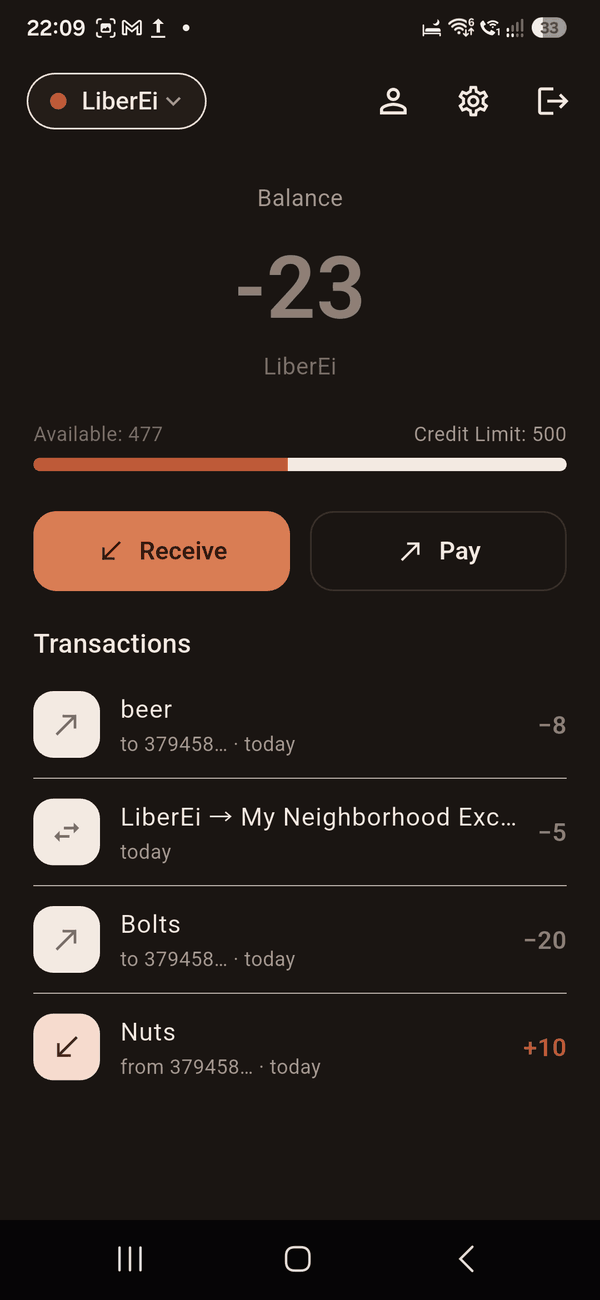 The wallet screen, showing a balance and recent transactions