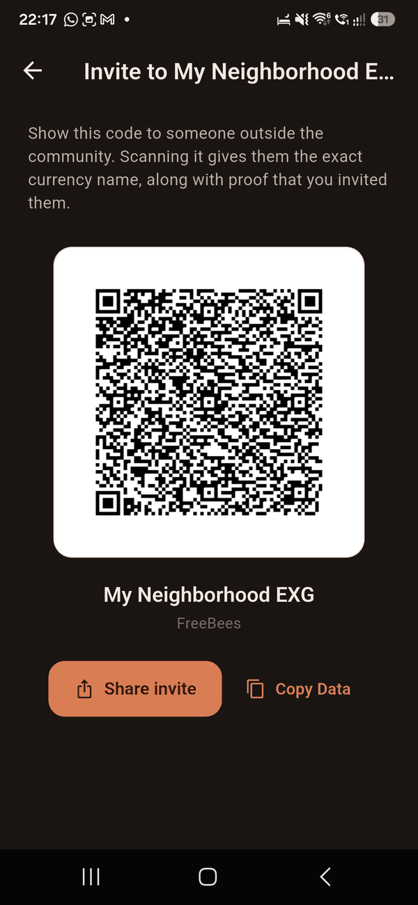 An invitation code, with buttons to share or copy it