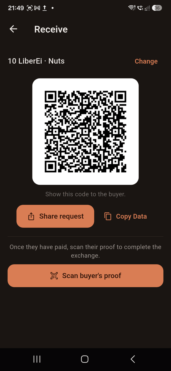 A payment request showing its code, share buttons and the scan button