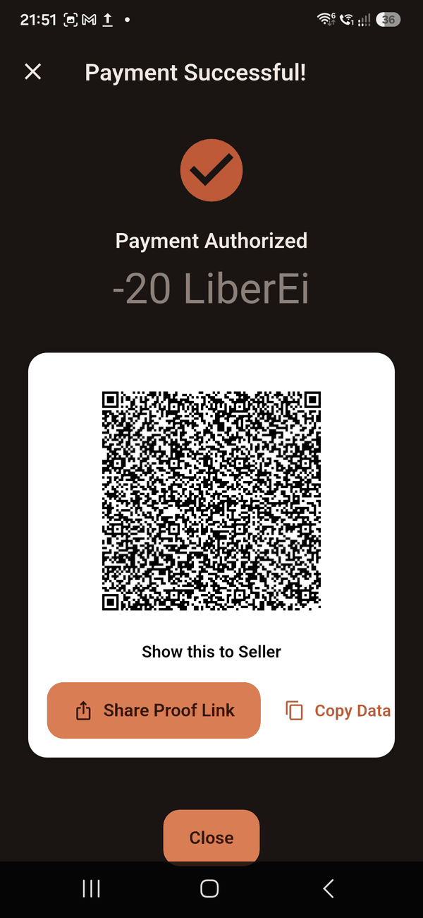 The proof code shown after paying