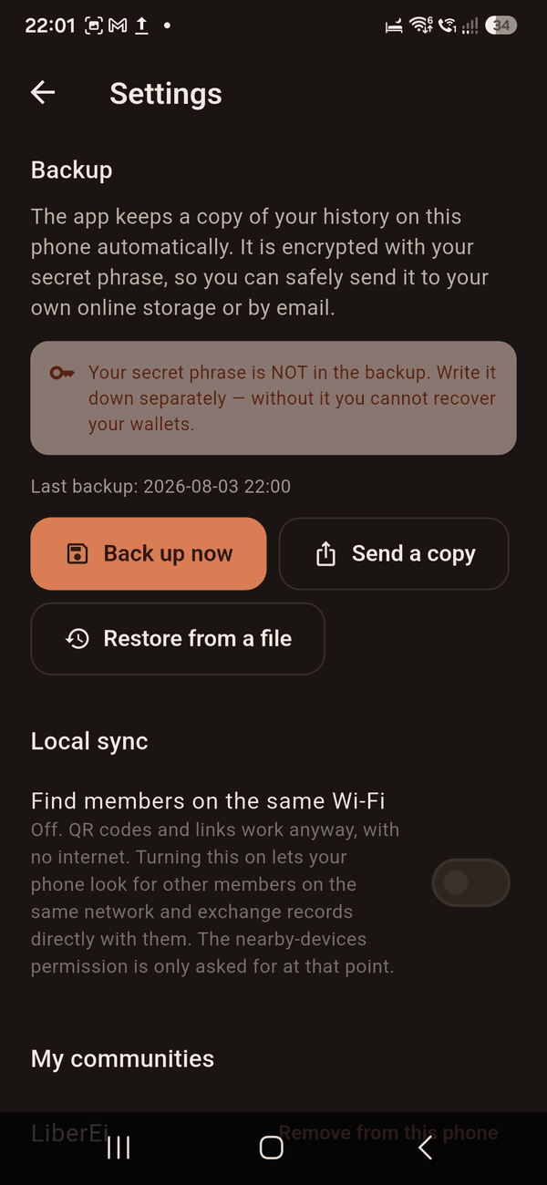 The settings screen, showing backup options